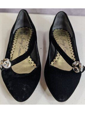 Juicy Couture Black Velvet Rhinestone Embellished Flats Size 6.5 Made In Italy